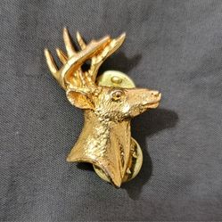 Vtg 1980s Gold Tone Pewter Buck Head Lapel Pin