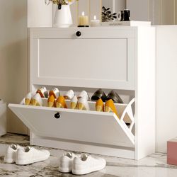 White Shoes Cabinet with 2 Flip Drawers for Narrow Entryway,Shoe Storage Cabinet Shoe Rack Organizer for Bedroom Living Room