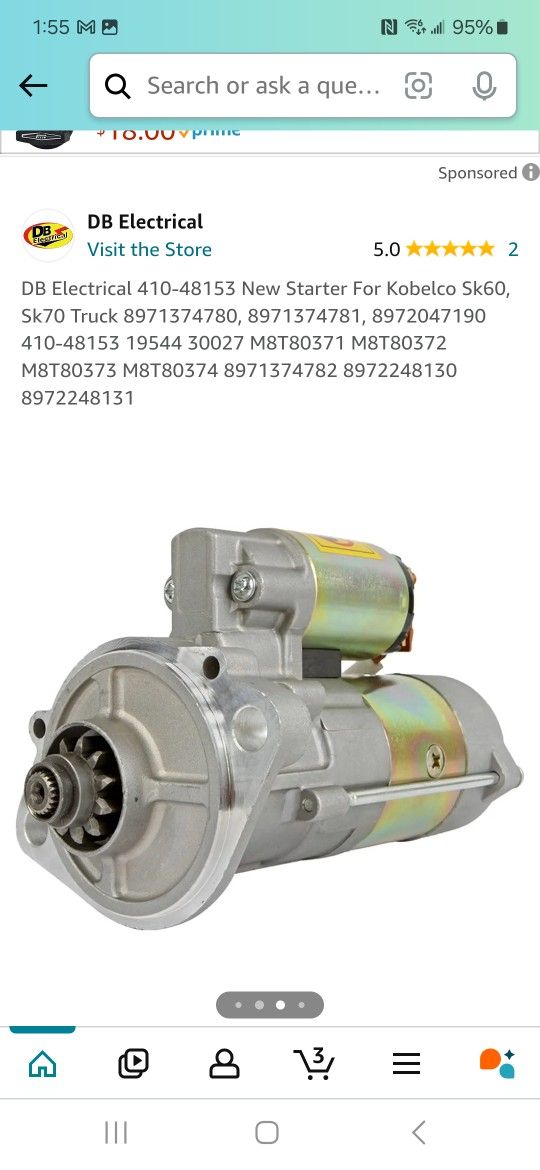 Visit the Store, DB Electrical
DB Electrical
Visit the Store
5.0 2
DB Electrical 3 New Starter For Kobelco Sk60, Sk70 Truck 780,