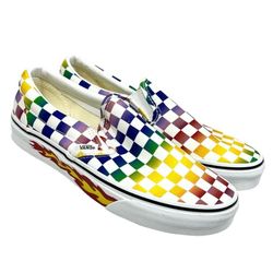 Vans Classic Slip On Rainbow Checkerboard Flame Men 6 Women 7.5 Skate Shoes