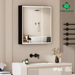 New 30 in. W x 30 in. H FORCLOVER Black Aluminum Rectangular Recessed/Surface Mount LED Medicine Cabinet with Mirror, Outlet,Soft Close