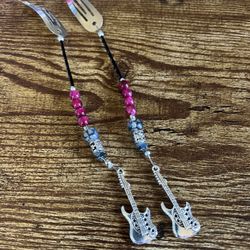 Silver Hair Clips With Rose Red Tiger’s Eye Beads And Guitar Charms 