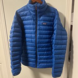 Patagonia Puffer Jacket Mens Medium Netplus Shells Goose Down Full Zip Hiking Blue MSTP is $279