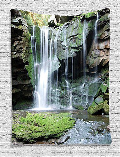 Waterfall Decor Collection, Rocky Waterfall Pond Runoff Scenic Nature Picture, Bedroom Living Kids Girls Boys Room Dorm Accessories Wall Hanging Tape