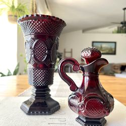Vintage Red Glass Avon Vase And Small Pitcher Set