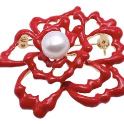Pearl Brooch Flower Pin Round Freshwater Cultured White Pearl Brooch Red Pin Bridesmaid Brooch Pins for Women