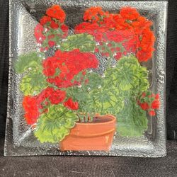 Vintage Fused Art Glass Geraniums Square Plate