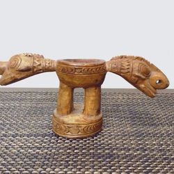 Betel Nut Mortar Two-Headed Carved Wooden Supernatural Statue Figurine Pedestal Artifact Tobacciana Decor