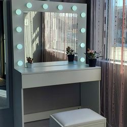 Makeup Vanity Table With Mirror Light And Stool 