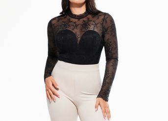 Shapewear Mock Neck Long Sleeve Floral Lace Bodysuit