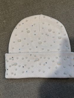 White Knit Beanie with Pearls and Rhinestones