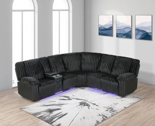 Contemporary plush fabric power reclining sectional w/led light & speakers