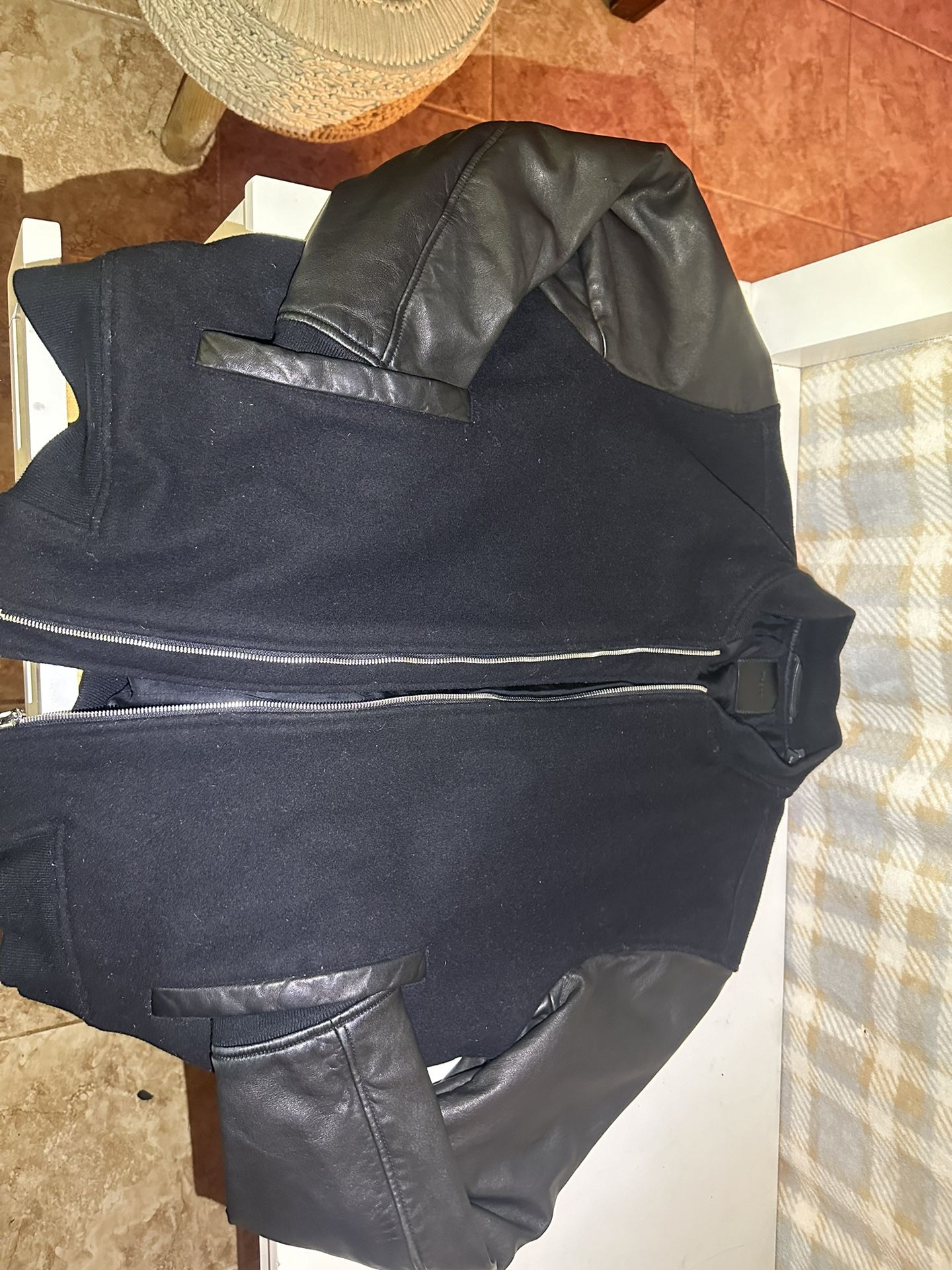 Theory Leather Sleeve Bomber Jacket