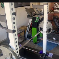 olympic  weight set with bench and squat rack