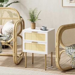 Rattan Nightstand with Charging Station, 2 Drawer Dresser