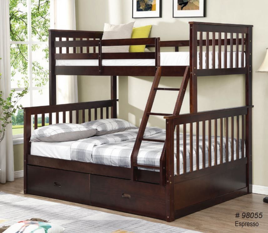 New 98055 Espresso Color Twin Full Wooden BunkBed With Under Storage