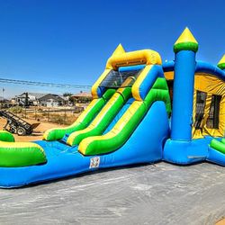 28’ Blue & Yellow Bounce House Combo w/ Slide – Wet or Dry – Fair Condition