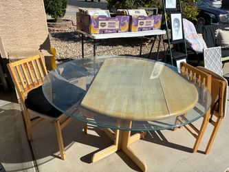 Round Glass Top Dining Table with 2 folding Chairs