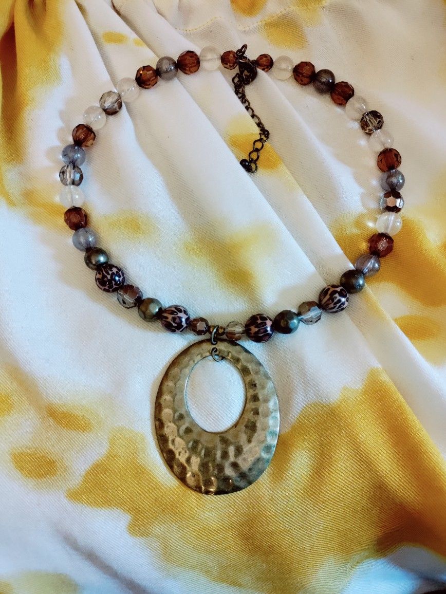 Hammered Bronze Oval With Earth Tones Beads Choker