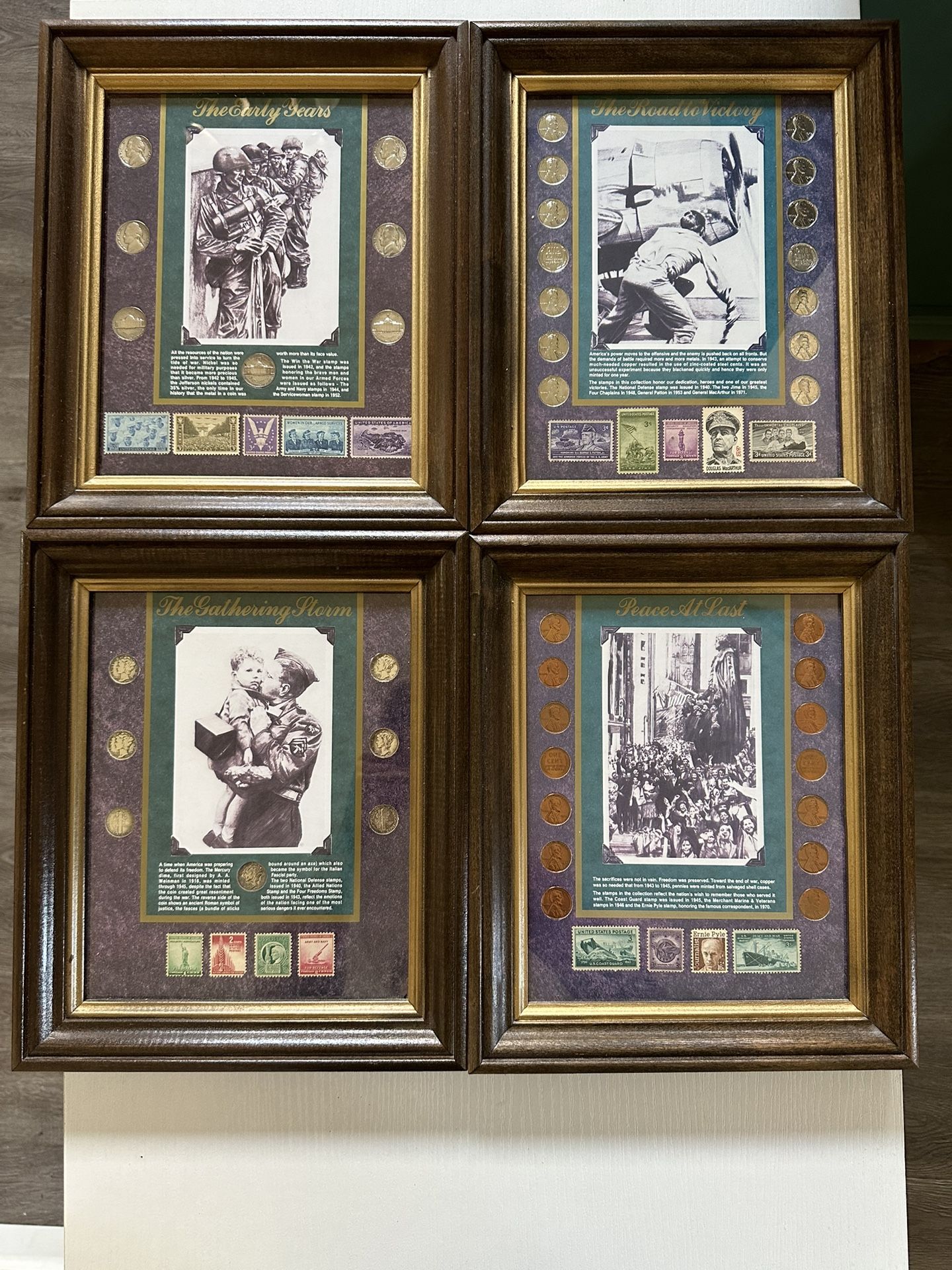 Peace At Last ~ The Early Years ~ The Road To Victory ~ Gathering Storm Coin Set All four pieces are Vintage Framed and measure: 10" x 12" × 11/4" The