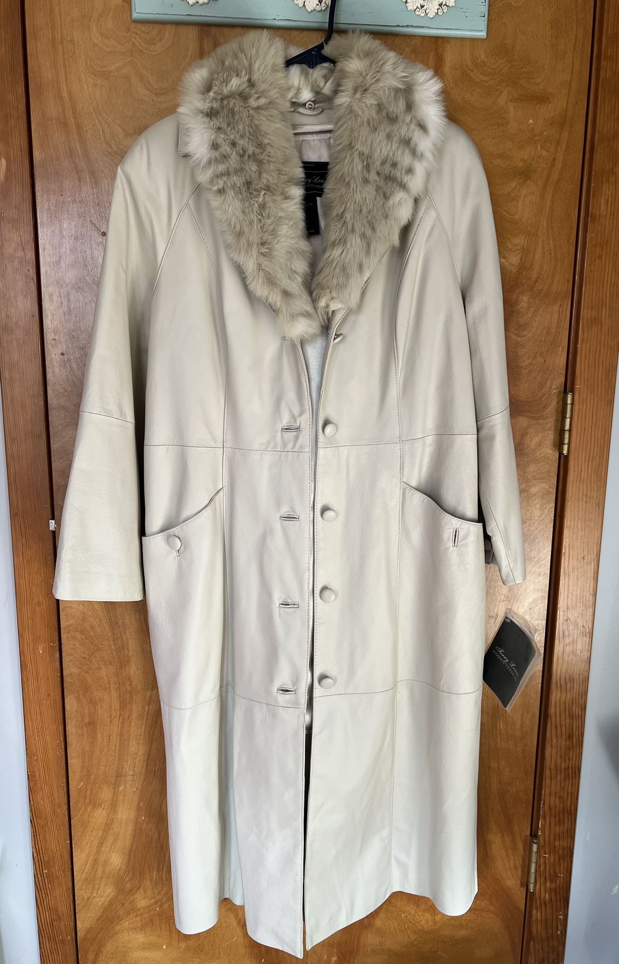 Terry Lewis Long Leather Coat with Faux Fur Collar