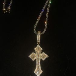 18 k Gold Plated Baguette Cross Pendant & Tennis Chain 