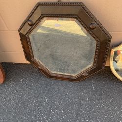 Antique Mirror In Octagon Shape - Vintage Wood 21 Inch