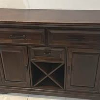 Dark Wood Buffet Cabinet w Drawers & Wine Rack