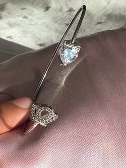Silver Bangle Bracelet with Crystal Heart and Crown