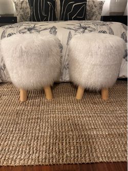 Pottery Barn Ivory Faux Fur Accent Stools – Set of 2