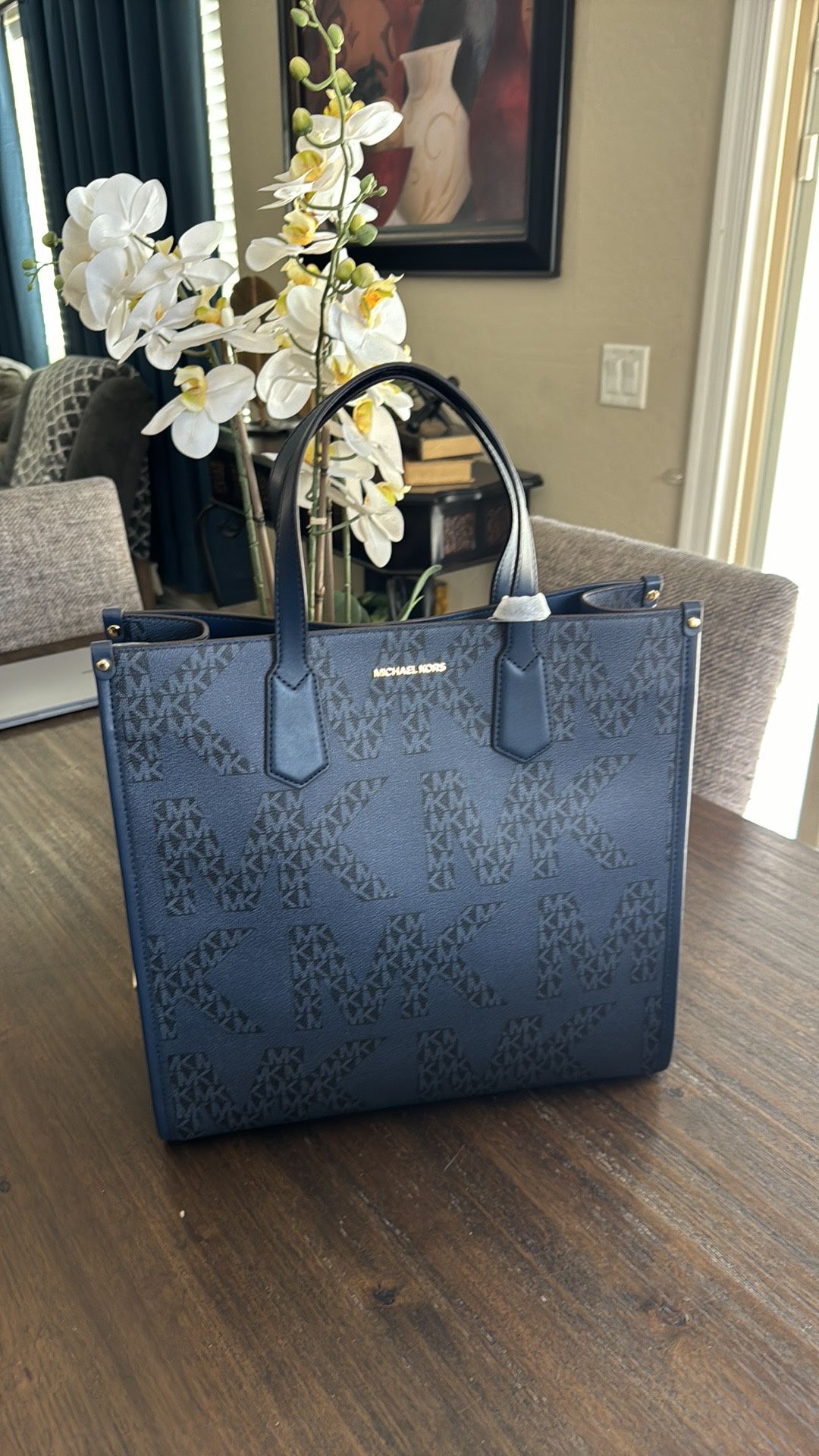 Michael Kors Maple Admiral Multi Large NS Tote with Shoulder Strap Mk Logo-Blue