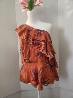 Amaryllis Top Women's Size Large One Shoulder Floral Blouse Multicolor Orange Blue 