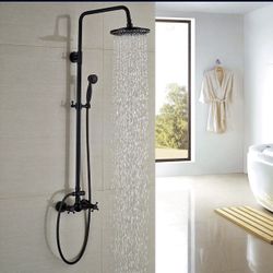 Brass Black Shower set Faucet Dual Handles Mixer Tap / Bath 8" Round Rain 