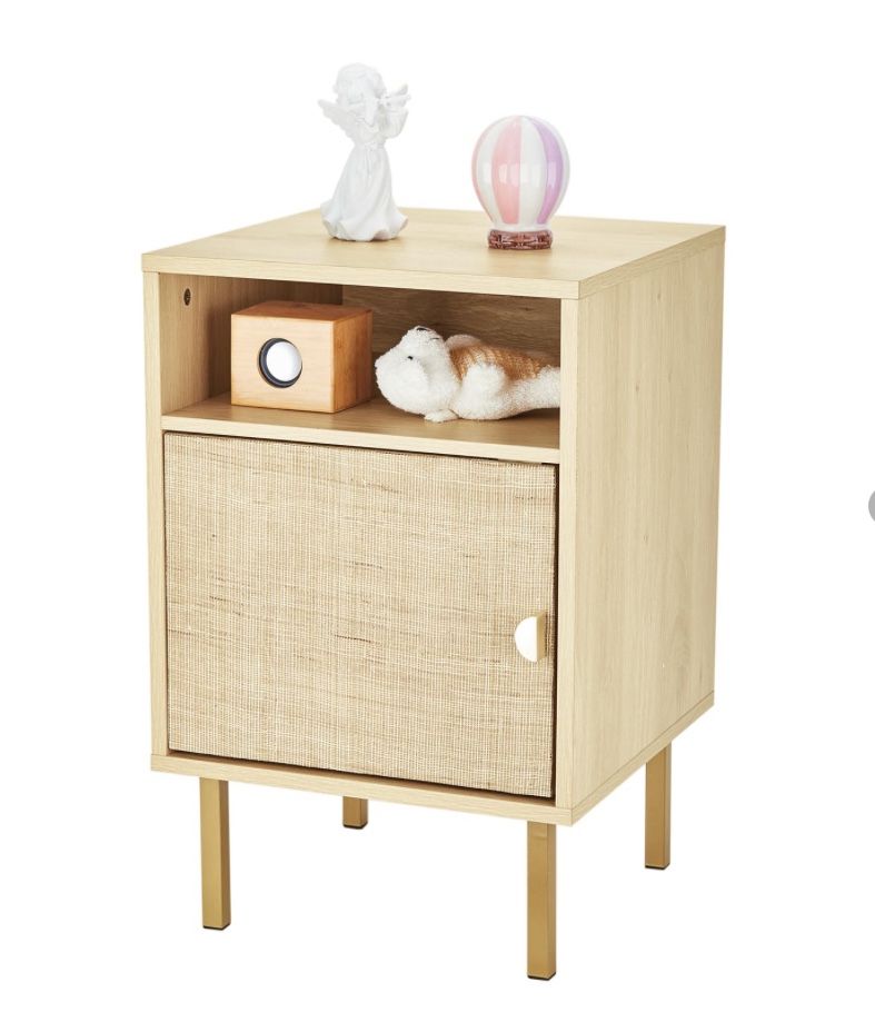 FAIRCRAFT-Linen Nightstand with Handmade Natural Rattan Drawers, Bedside Table, End Table, Rattan Side Table, Wood Nightstand, for Bedroom, Living Roo