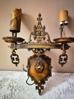 Antique 1920s Tudor Gothic Revival Brass Wall Sconce