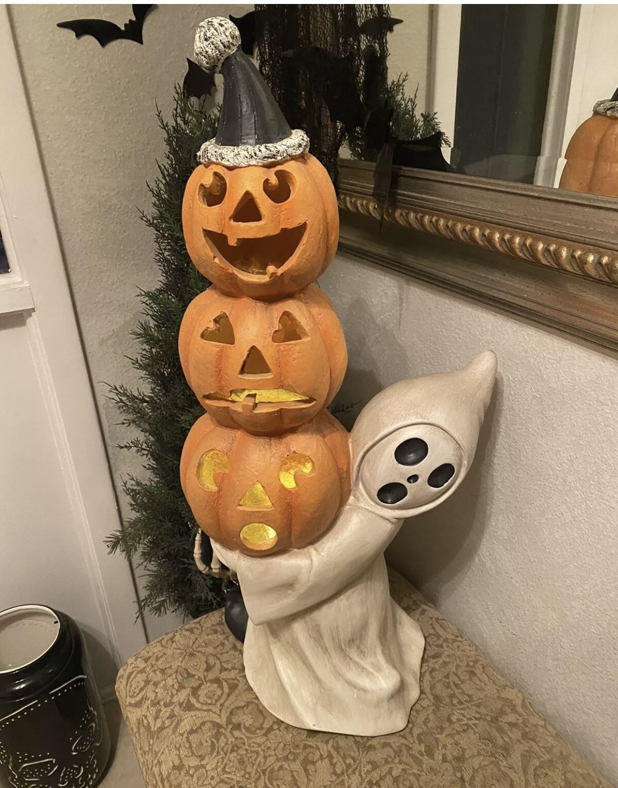 Vintage Ghost Holding 3 Pumpkins Statue