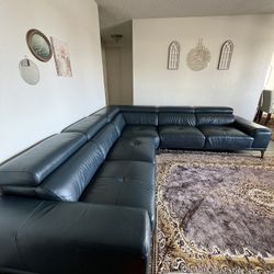 Abbyson Quinton Top Grain Leather Sectional with Adjustable Headrests in blue