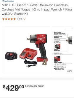 Milwaukee M18 FUEL Gen-2 18-Volt Lithium-Ion Brushless Cordless Mid Torque 1/2 in. Impact Wrench F Ring w/5.0Ah Starter Kit