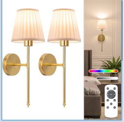 19.9 inch Battery Operated Wall Sconce Set of 2,Beige Gold Rechargeable Wall Lights with 10400mAh Dimmable Bulbs and Remote, 9 Colors Wireless Wall La