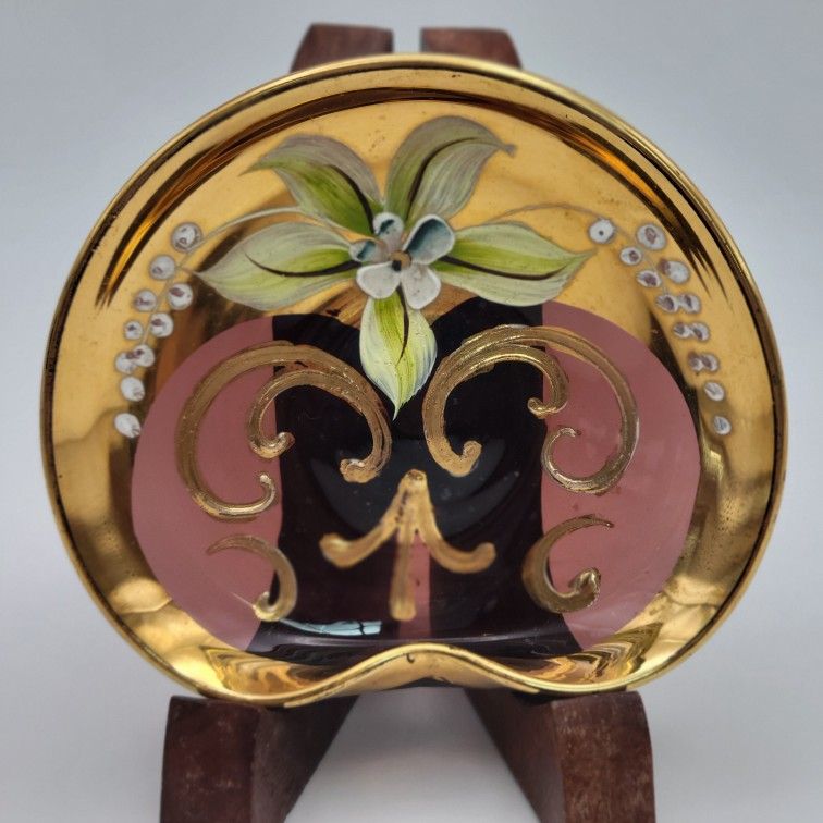 Vtg Italian Lavender Purple Glass Gold Hand Painted Floral Trinket Dish Bohemian