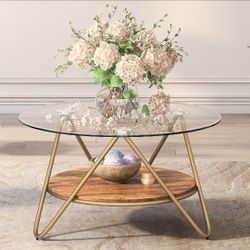#2954- ASYA Gold Coffee Table for Living Room, 2-Tier Round Coffee Table with Tempered Glass & Metal Frame, Modern Glass Living Table for Home&Office 