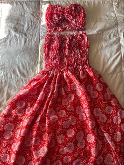 Cute Red White Floral Strapless Cutout Maxi Dress