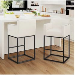 LUE BONA Juego de 2 taburetes de bar de 30 pulgadas de alto, modernos taburetes de bar con brazos abiertos, marcos de metal negro, taburete de bar tap