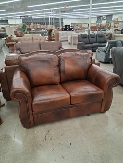 TOP GRAIN LEATHER ROLLED ARM LOVESEAT
