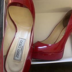 Jimmy Choo Red Peep-Toe Platforms 40