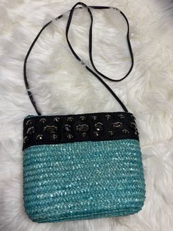 Y2K Turquoise Woven Straw Crossbody Purse Rhinestone Jeweled Mini Shoulder Bag