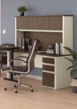Bestar Prestige Plus L-Shaped Desk with Overhead Hutch - White Chocolate & Antigua Finish