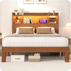 Full Size Wood Platform Bed Frame with Storage Headboard