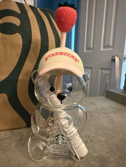 New Authentic Starbucks 2026 Pink Bearista Bear Glass Cold Cup Strawberry Topper
