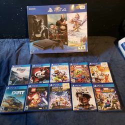 10 Games Of choose. 2 Controller sealed 1 Blue 1 Purple & Open Box PS4 Slim 1TB New Conditions. $400! If you broke asF I can remove stuff